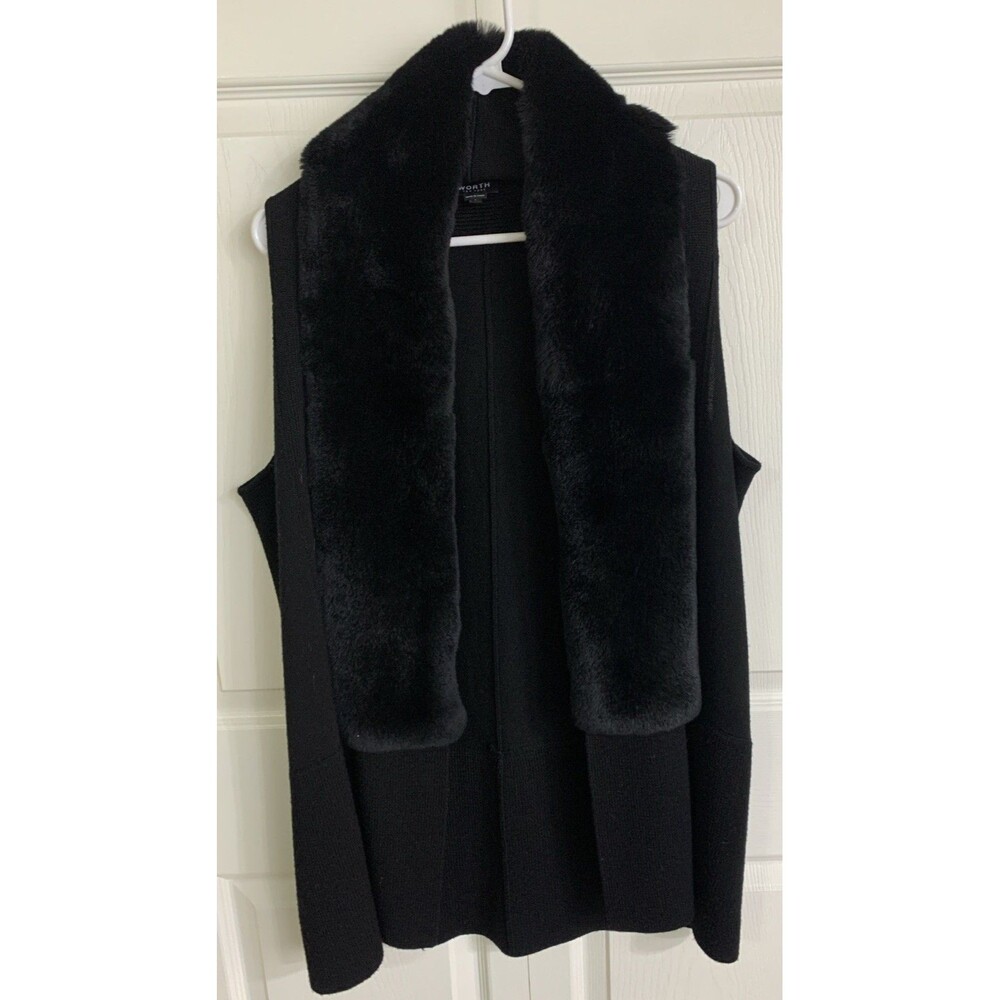 Worth New York 100% Wool Open Front Vest Rabbit Fur Trim Womans L Black